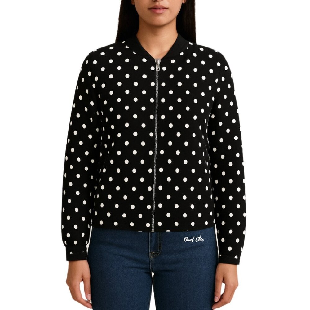 ELLE Womens Black White Polka Dot Bomber Jacket Medium Full Zip Pockets Lined
